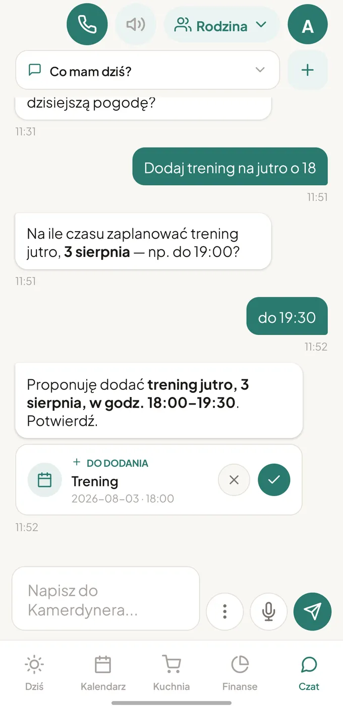 Czat z Kamerdynerem w aplikacji: polecenie „Dodaj trening na jutro o 18”, dopytanie o czas trwania i karta propozycji do zatwierdzenia