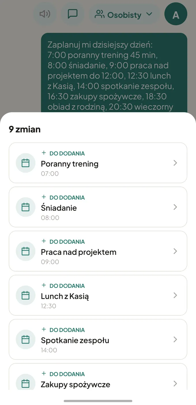 Czat z Kamerdynerem: propozycje zadań na dzień jako karty z przyciskiem Wykonaj wszystkie