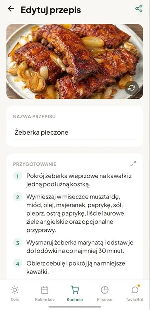 Gotowy przepis Żeberka pieczone ze zdjęciem potrawy wygenerowanym przez AI