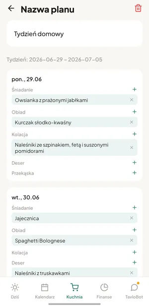 Plan posiłków na tydzień w aplikacji Kamerdyner: śniadanie, obiad i kolacja rozpisane na każdy dzień