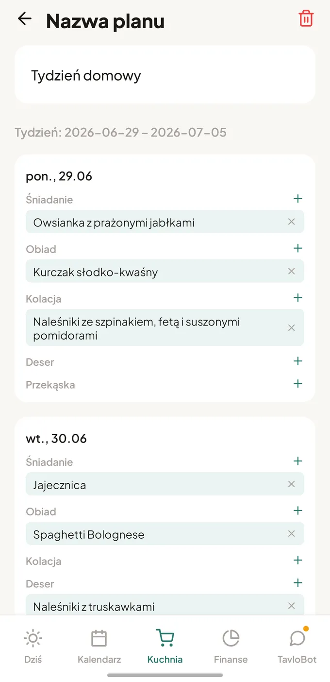 Edytor planu posiłków w aplikacji Kamerdyner: sloty śniadanie, obiad i kolacja wypełnione przepisami na cały tydzień