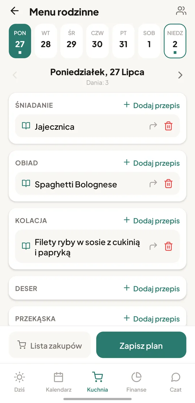 Edytor planu posiłków w aplikacji Kamerdyner: pasek dni tygodnia i sloty śniadanie, obiad, kolacja wypełnione przepisami