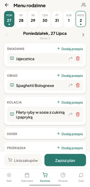 Plan posiłków na tydzień w aplikacji Kamerdyner: śniadanie, obiad i kolacja rozpisane na każdy dzień