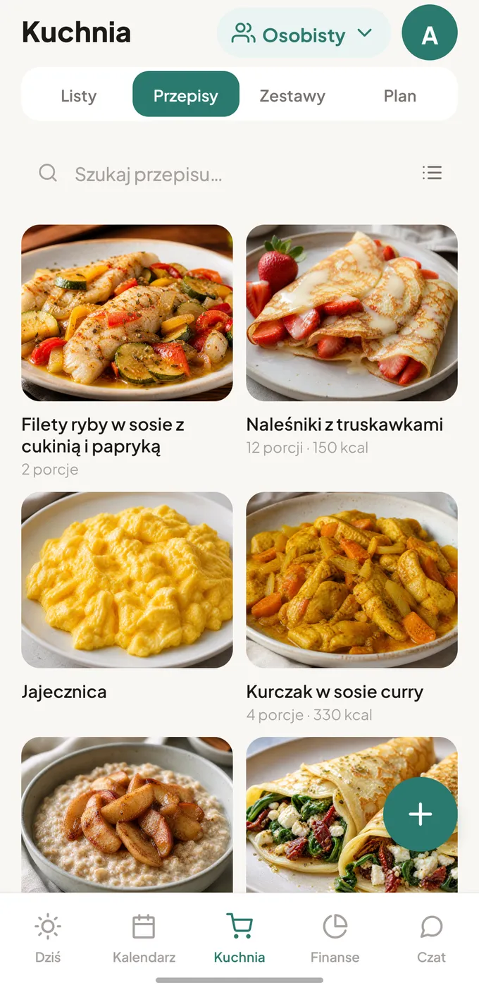 Siatka przepisów w aplikacji Kamerdyner ze zdjęciami wygenerowanymi przez AI: filety ryby, naleśniki z truskawkami, jajecznica, kurczak w sosie curry
