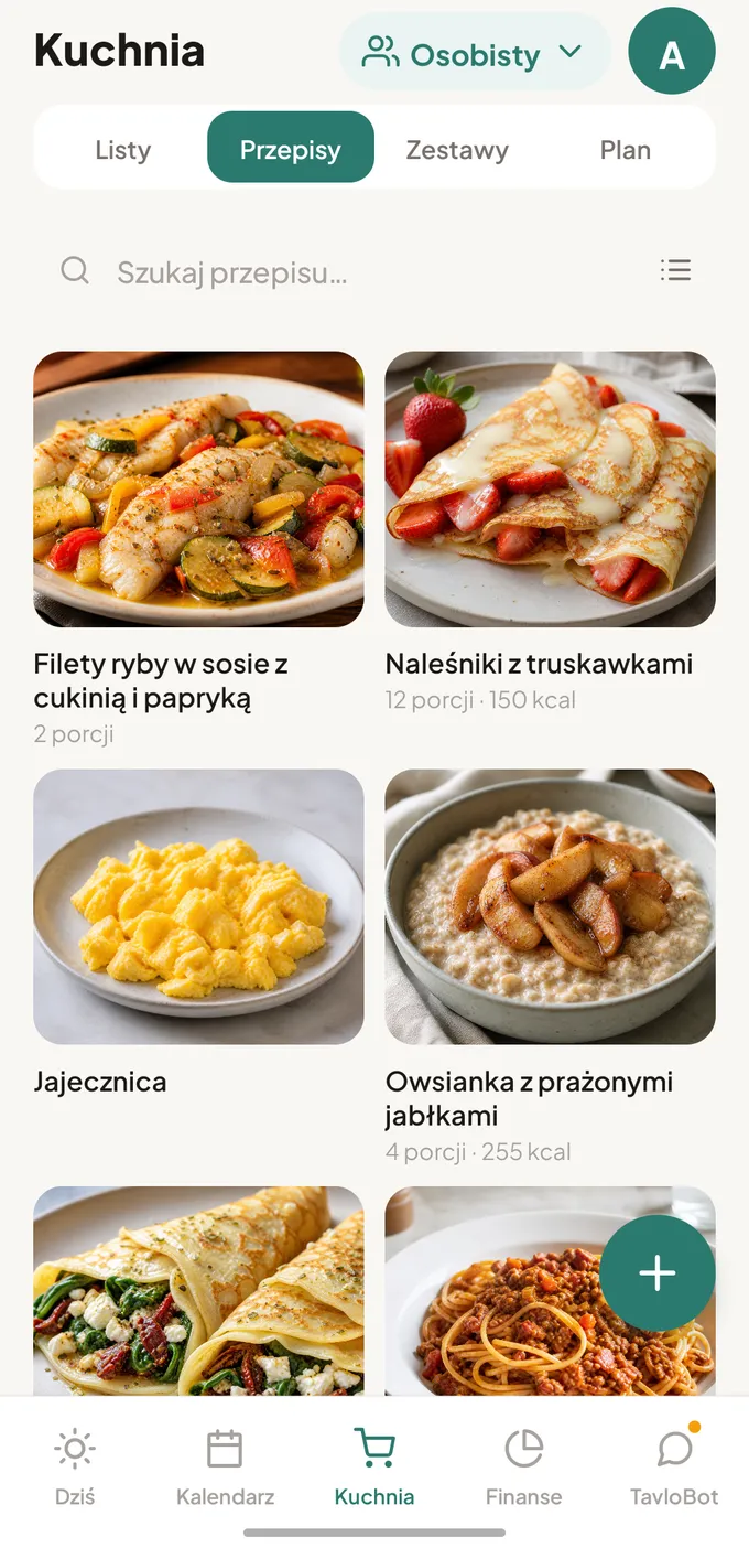 Siatka przepisów w aplikacji Kamerdyner ze zdjęciami wygenerowanymi przez AI: naleśniki, spaghetti bolognese, owsianka